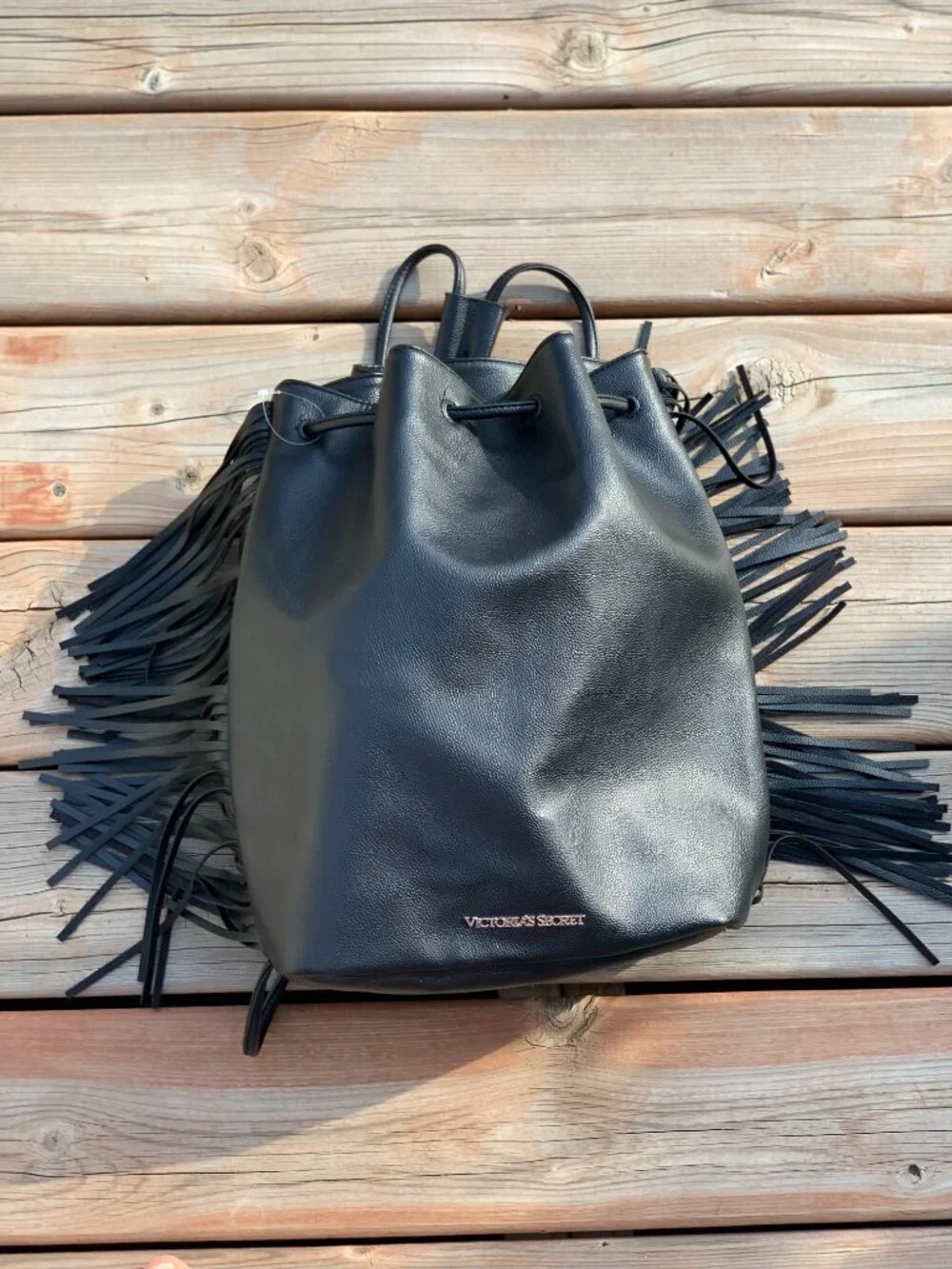 Victoria’s Secret Black Fringe Backpack Faux Leather Drawstring Bucket Bag Purse